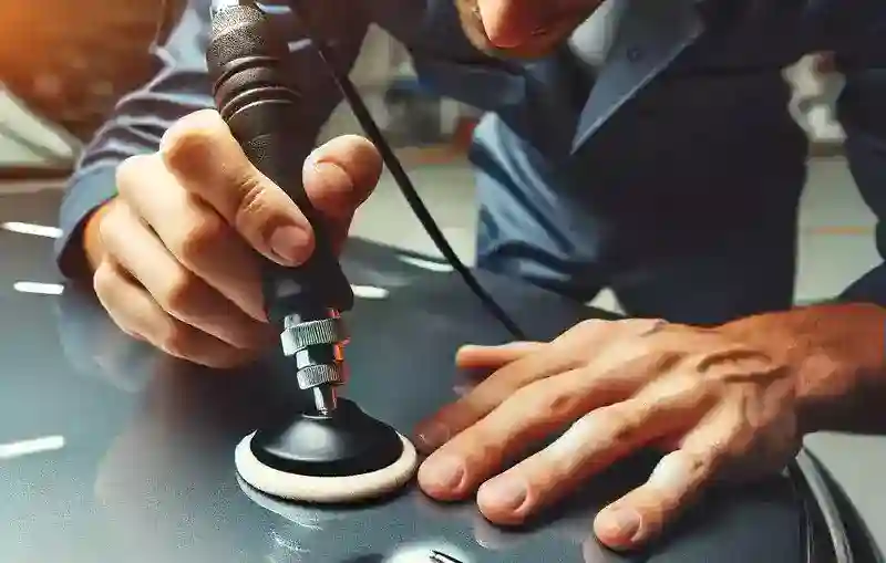 мужчина делает ремонт пластикового капота при помощи инструмента в руках