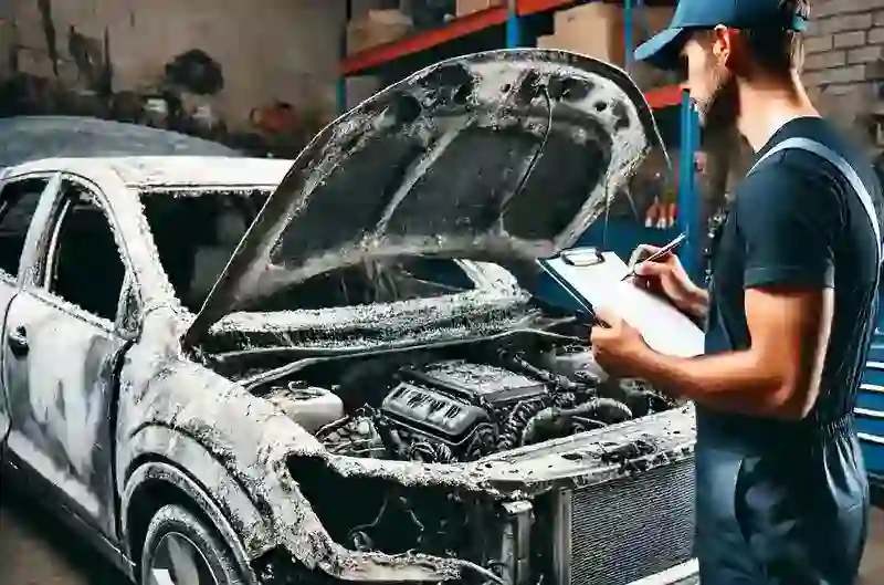 mester din service-ul auto calculeaza costul restaurarii unei masini vechi dupa grindina, masina este grav avariata