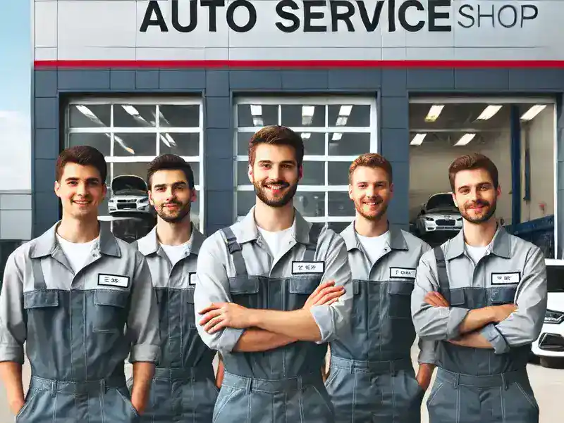 echipa service-ului auto, mesteri de restaurare auto, in uniforma de lucru, in fata intrarii in service-ul auto