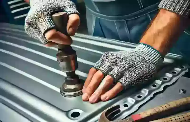 мастер проводит восстановление ремонт алюминиевого капота, в перчатках и с инструментами в руках