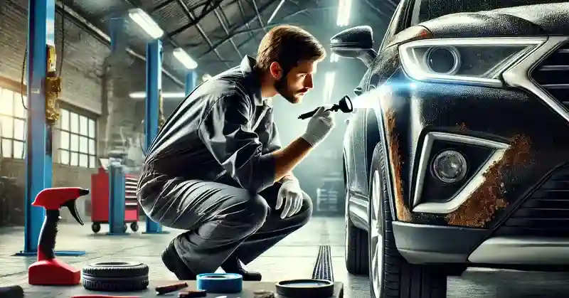 expert pregateste pentru vopsire auto, inspecteaza cu o lanterna o masina neagra, in service auto