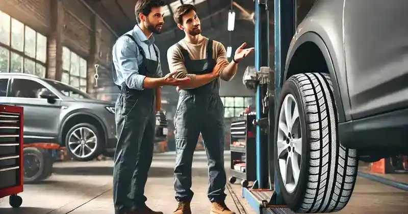 два человека, мастера, в рабочей робе, обсуждают прайс лист на развал схождения автомобиля на подъёмнике