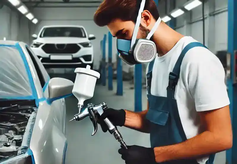 техник делает покраску зеркал автомобиля в белый цвет