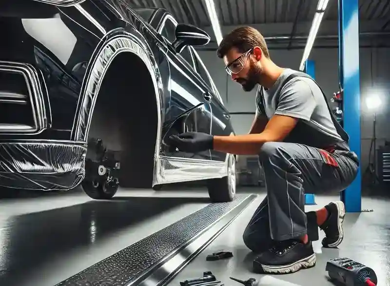 техник в автосервисе проводит подготовку порогов к покраске черного авто, на подъёмнике